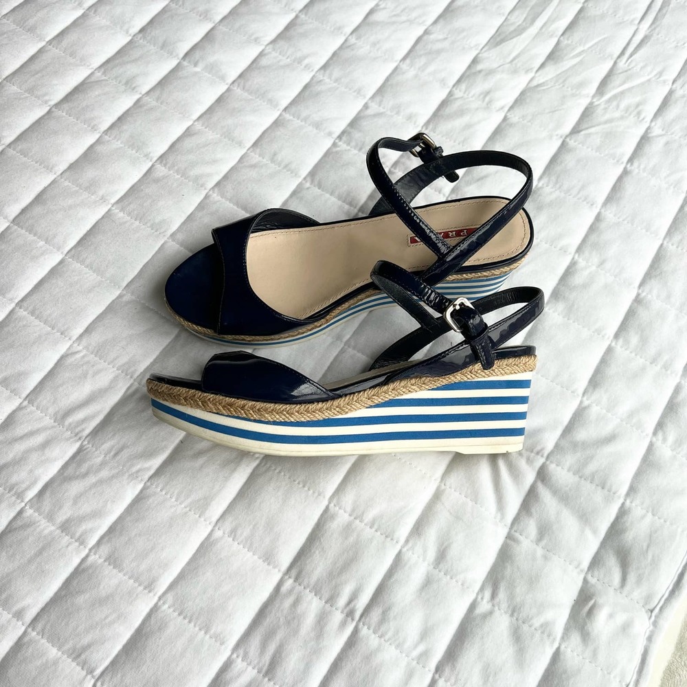 Prada Navy Blue Patent Leather Platform Stripe Wedge Ankle Strap Sandals